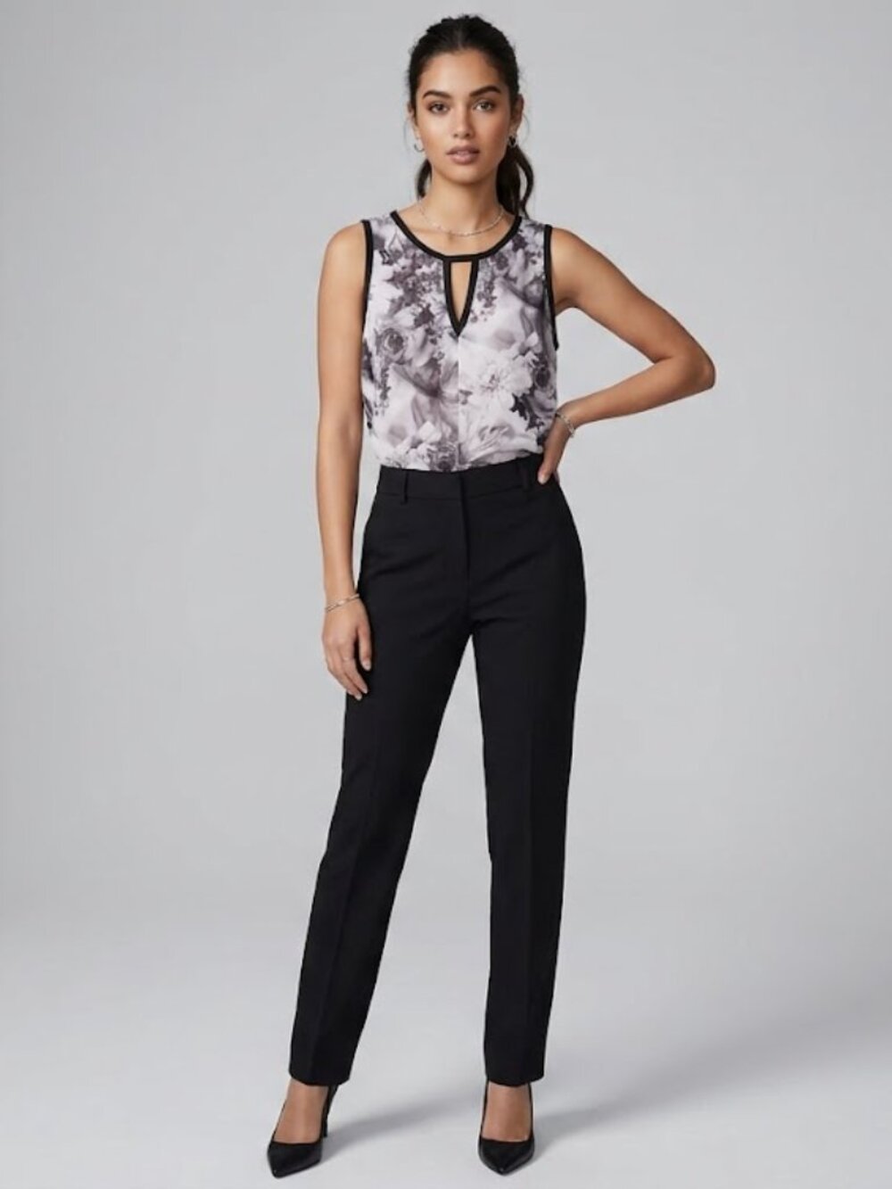 Express Black White Floral Tank w/ Faux Leather XS